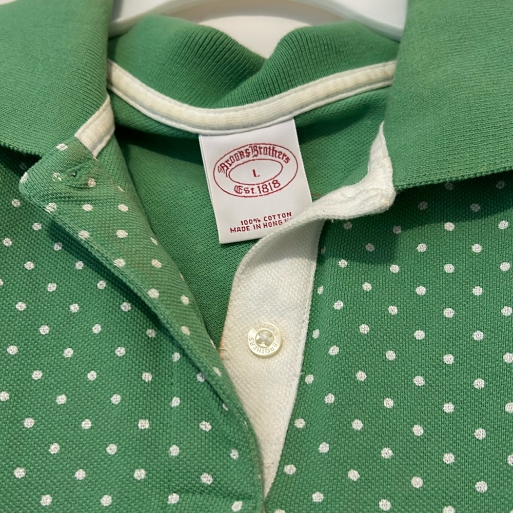 Brooks Brothers collared, sleeveless Shirt, Green with white dots.
